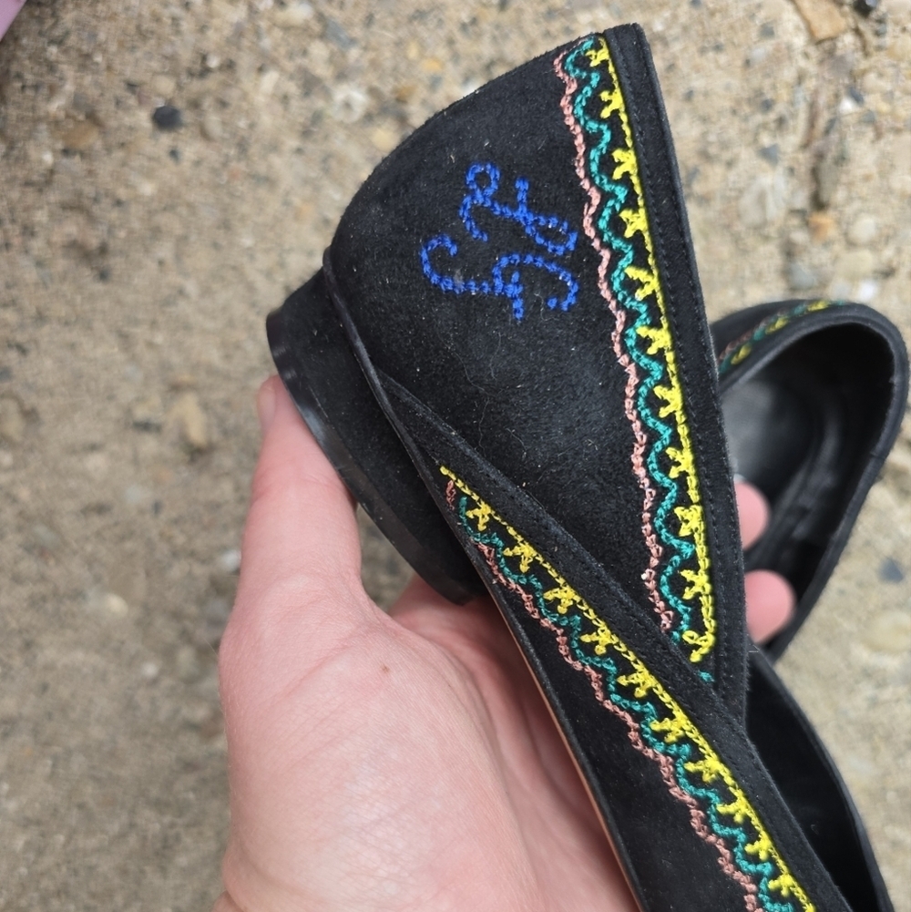Lulu Guinness Womens Black Suede Embroidered Ballet Flats Size 37, 37.5 *read* - Picture 4 of 8